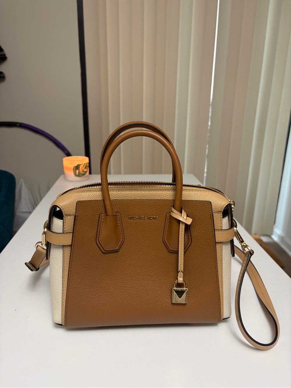 Michael Kors Brown and Cream Leather Satchel with Gold Hardware
